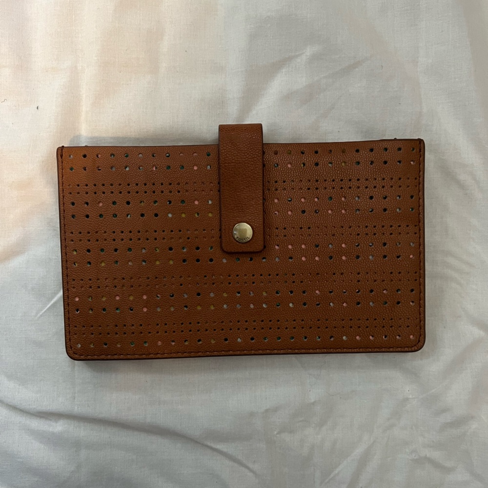 Fossil Perforated Leather Wallet in Brown with Gold Snap